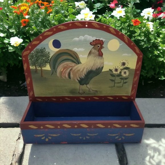 Rooster Wooden Folk Barnyard Wall or Table Box Kitchen Dining Room Mail Keys - Picture 1 of 5